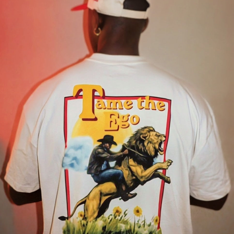 "tame the ego" vintage white box tee